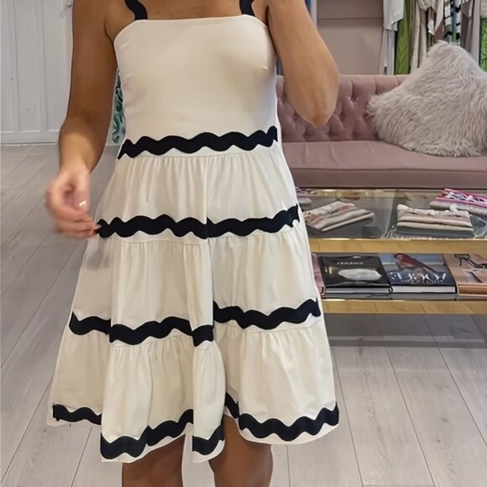 Unbranded A-Line Knit White Dress Wave Trim Tiered Sleeveless NEW Sz S - Picture 2 of 2